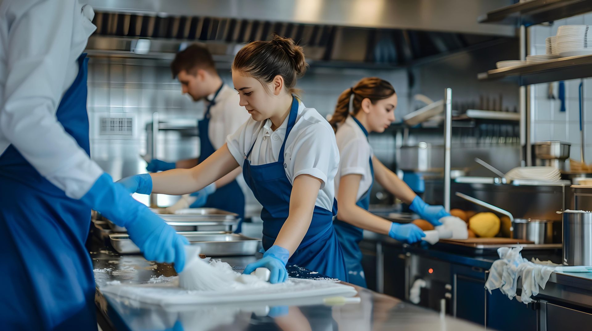 Un groupe de chefs nettoie la cuisine d'un restaurant.