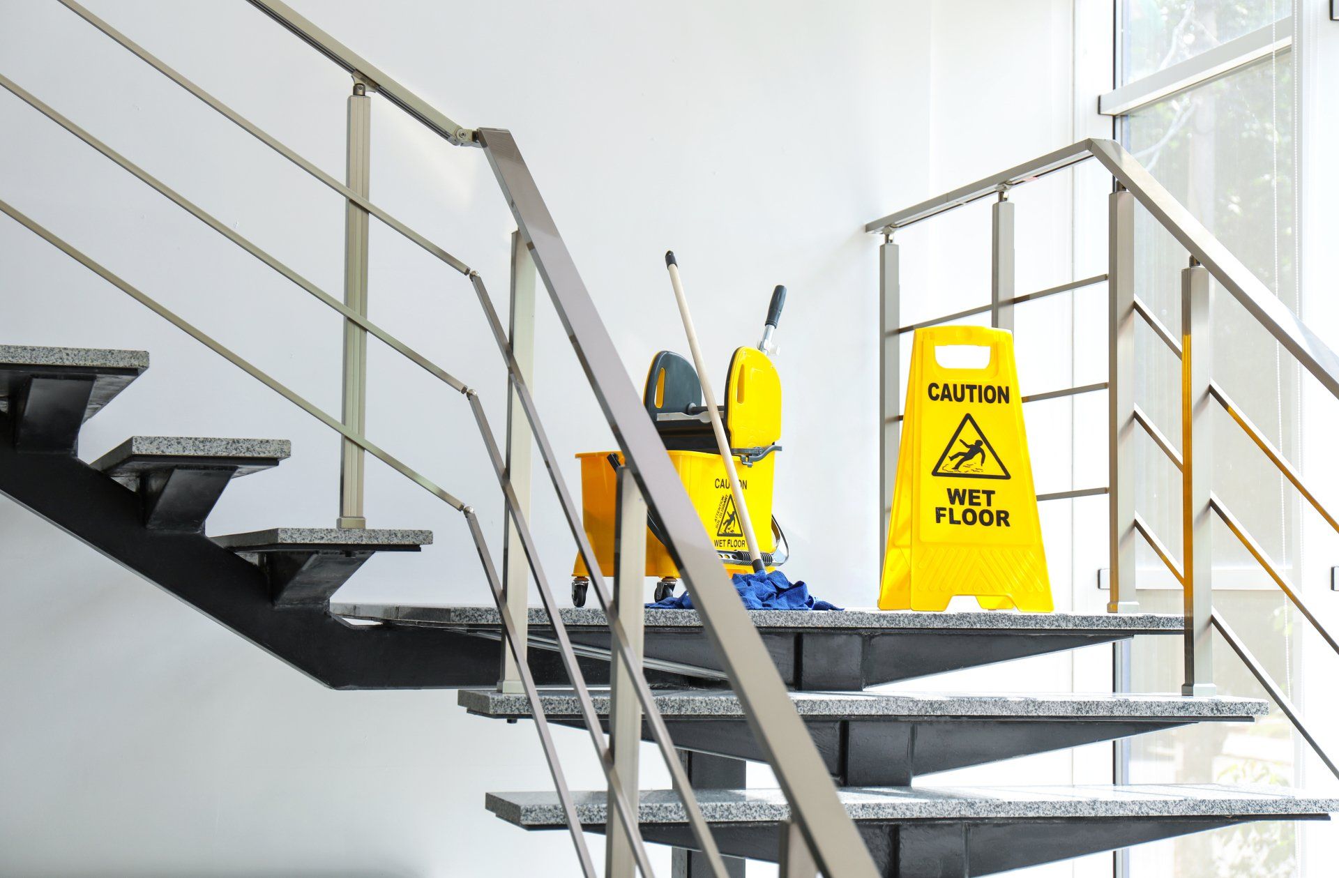 Escalier avec équipement de nettoyage ; un panneau d'avertissement jaune avertit du sol mouillé.