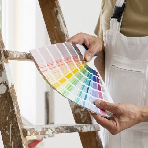 a person is holding a color palette in front of a ladder .