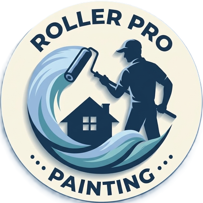 Circular logo for Roller Pro Painting featuring a stylized painter using a roller on a house surrounded by blue waves.