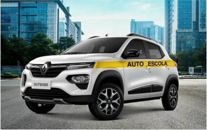 Um carro branco com uma faixa amarela na lateral que diz auto escola