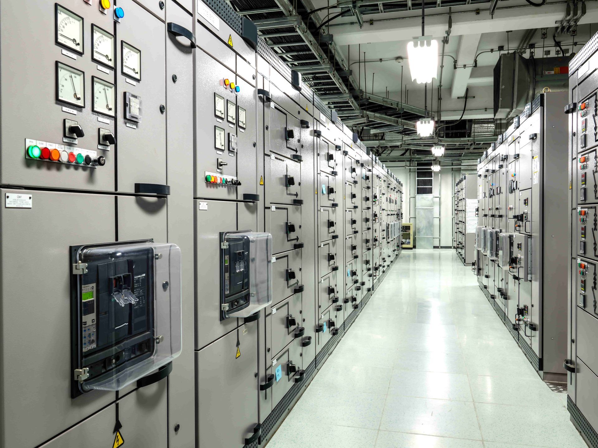 A long hallway filled with lots of electrical panels and switches.