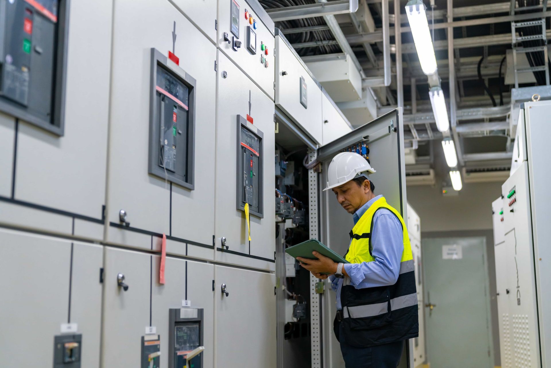 A man in a hard hat is looking at a clipboard in an electrical room.