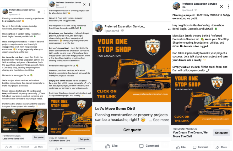 A collage of screenshots of  social media posts for ads for construction company.