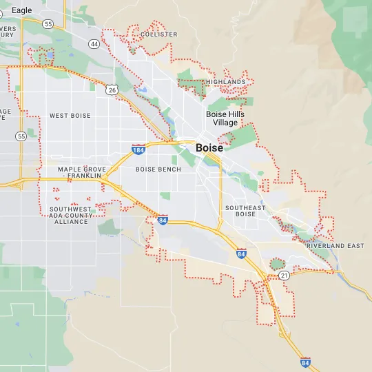 A map of Boise is shown on a white background, displaying a geographical area Treasure Valley Ads provides lead generation services.