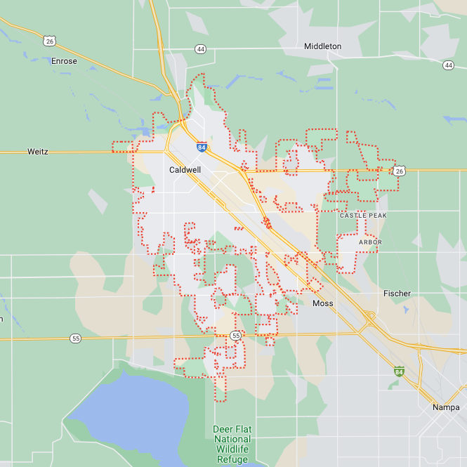 A map of Caldwell, ID, the area the Treasure Valley Ads provides Home Service Lead Generation.