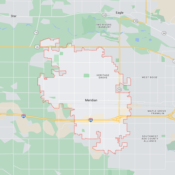 A map showing the boundaries of Meridian, ID, where Treasure Valley Ads provide lead generation services.