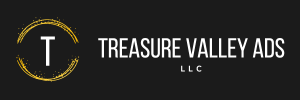 The logo for Treasure Valley Ads LLC is black and gold.
