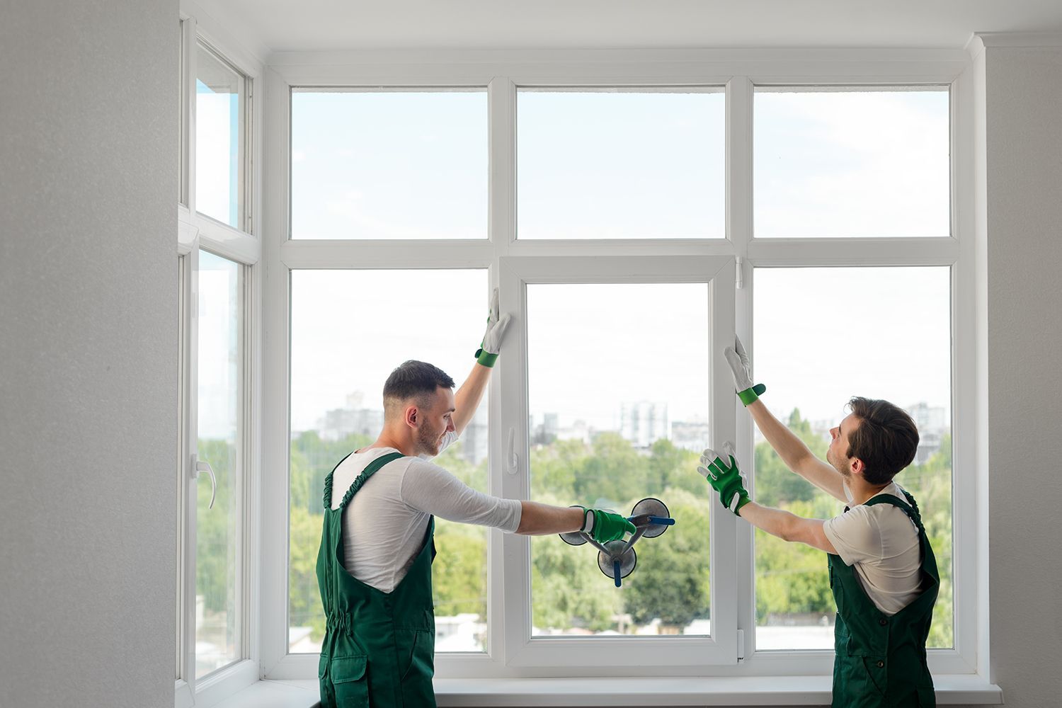 Two workers install a large window pane using suction cups and protective gloves. Two workers install a large window pane using suction cups and protective gloves.