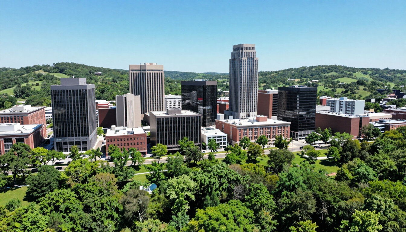 City skyline with tall buildings above lush green trees under a clear blue sky
