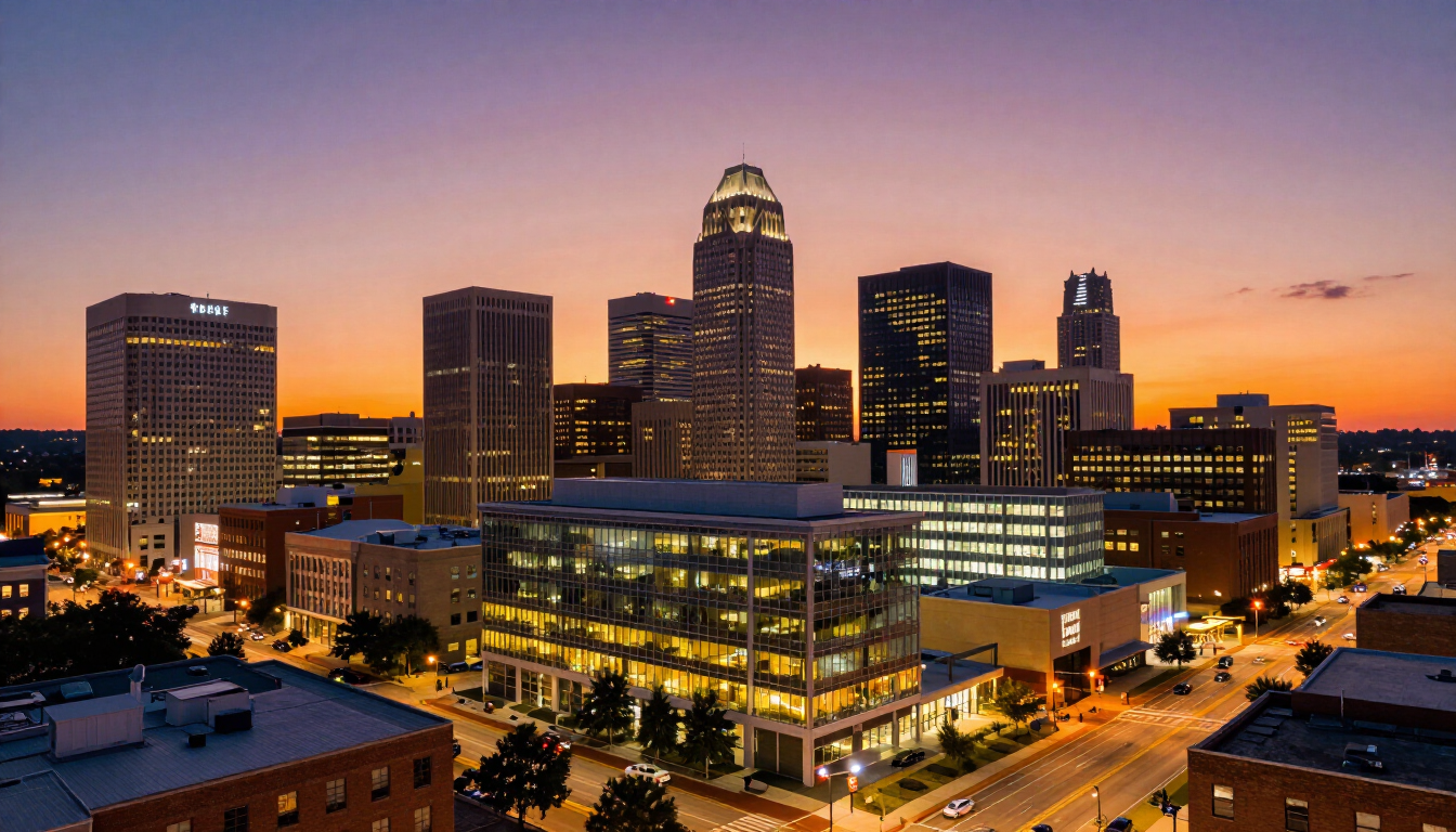 City skyline at dusk with lit office towers and a glowing sunset sky