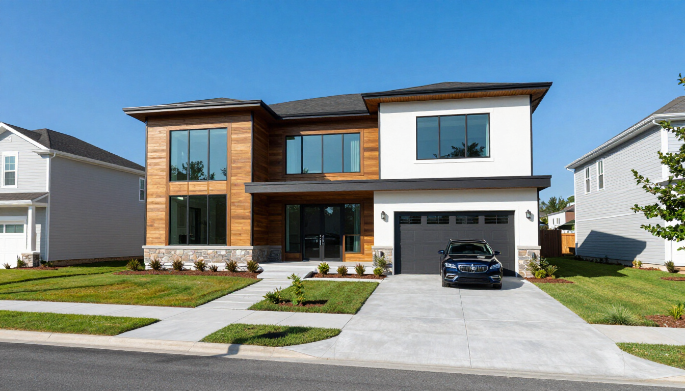Modern two-story house with wood and white exterior, driveway, and a car parked in the garage.