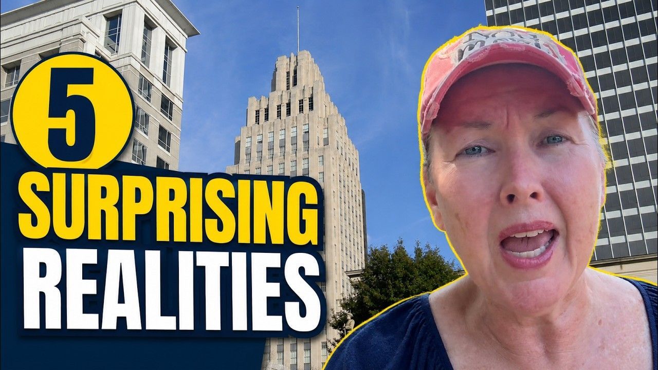 Yellow “5” and “SURPRISING REALITIES” text beside a woman speaking in front of buildings