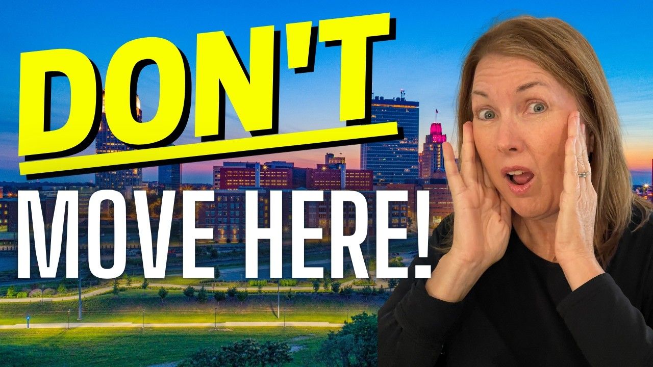 Bold text “DON’T MOVE HERE!” over city skyline with shocked woman on the right