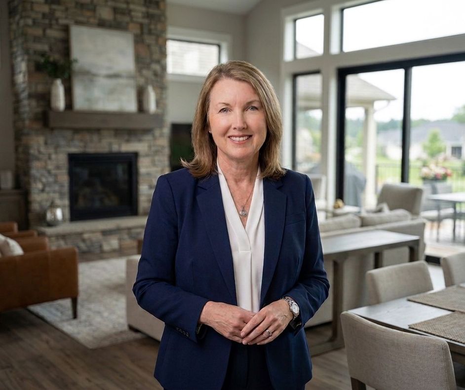Woman in navy blazer standing in a bright living room with stone fireplace and large windows.