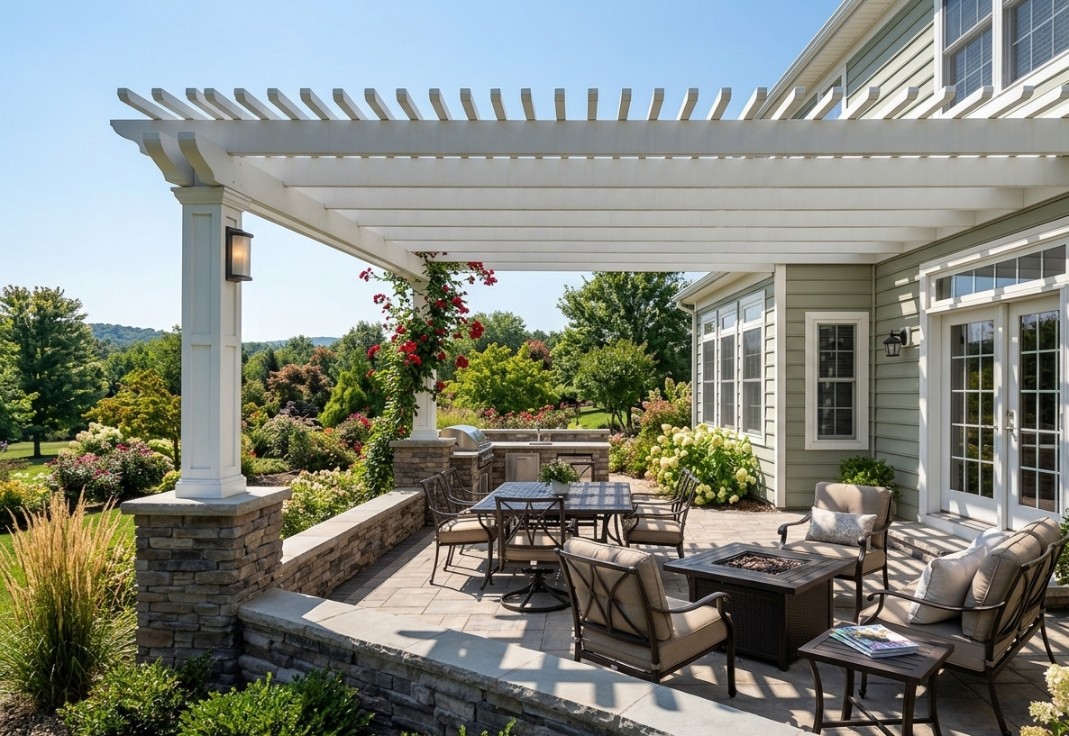 Patio with white pergola, stone columns, outdoor seating, and garden greenery in bright sunlight