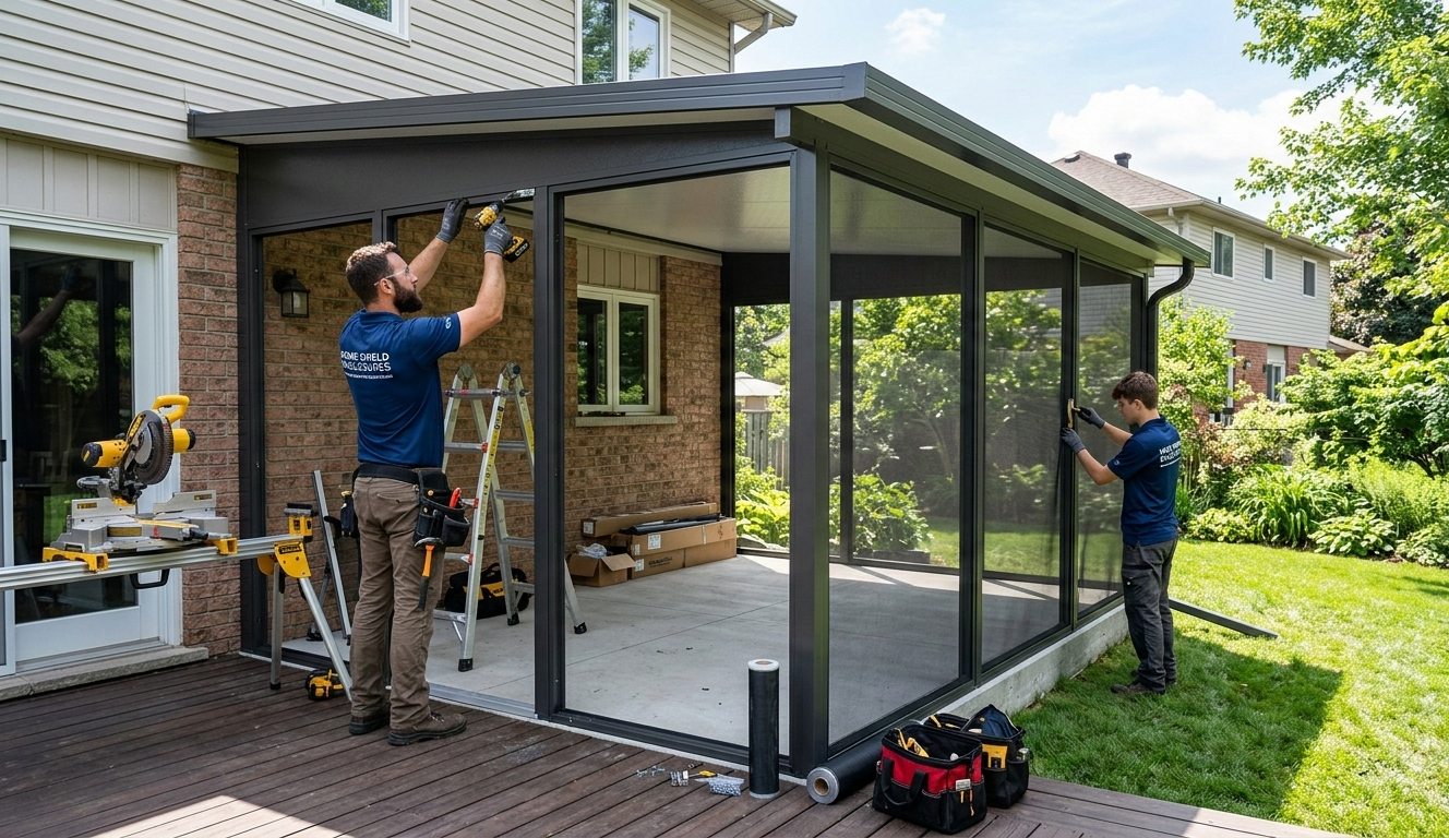 Two workers assembling a metal patio pergola beside a brick house and backyard lawn.