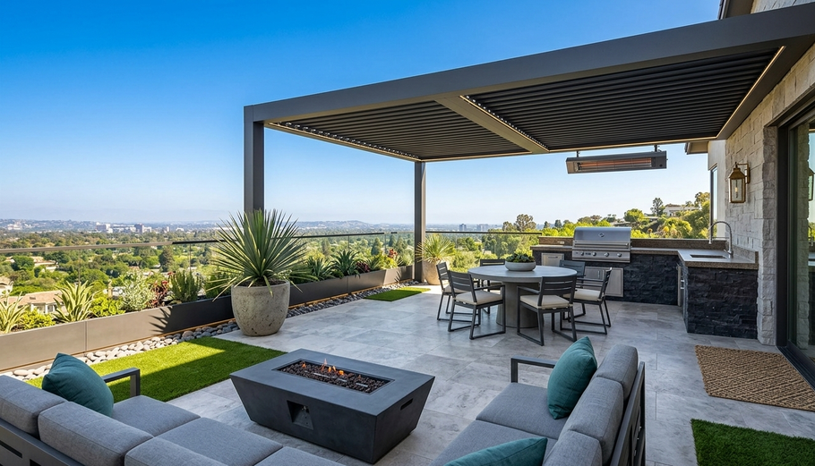 Modern patio with sectional seating, fire pit, dining table, and striped pergola overlooking a sunny landscape
