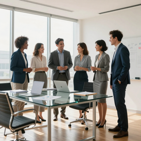 Business team standing in a bright conference room around a glass table, discussing documents.