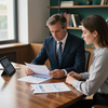 Two coworkers review financial charts at a wooden conference table beside a tablet.