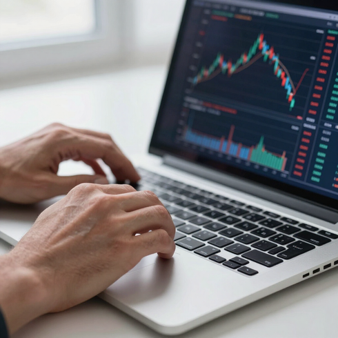 Hands typing on a laptop displaying stock market charts and trading data