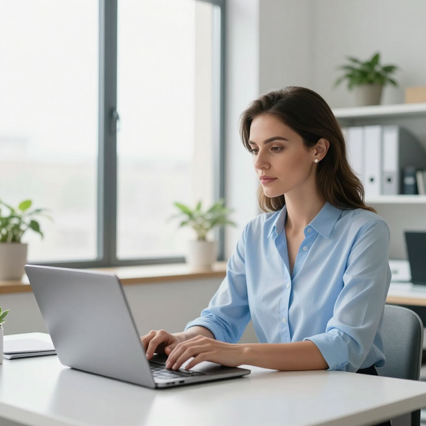 Woman working on a laptop at a bright office desk with shelves and plants in the background