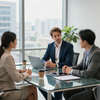 Three coworkers in a bright conference room discussing a laptop at a glass table