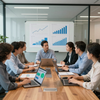 Business meeting around a conference table, with laptops and sales charts on a wall display.