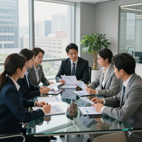 Business meeting around a glass table in a bright office, with documents and city views in the background