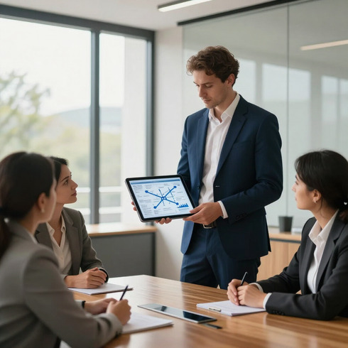 Business meeting with a man presenting a chart to three colleagues in a glass-walled office