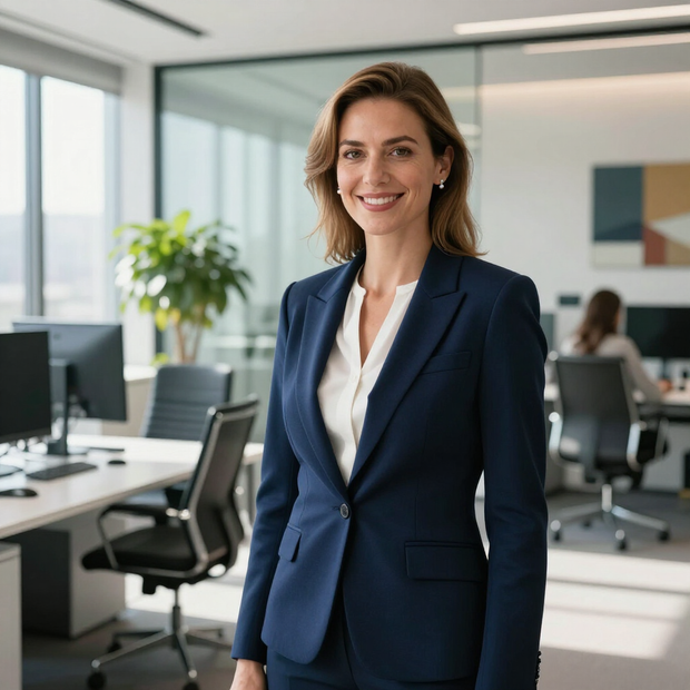 Smiling professional in a navy suit standing in a bright modern office