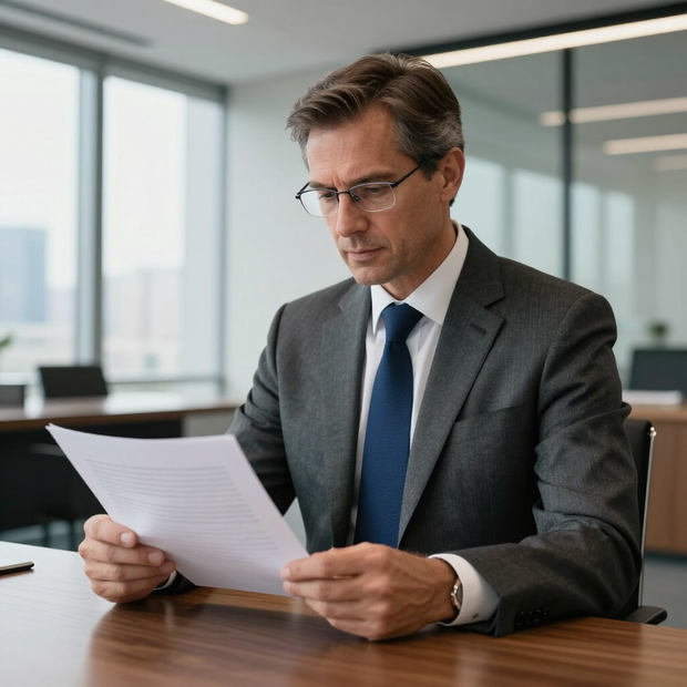 Man in gray suit reading a document at a desk in a modern office