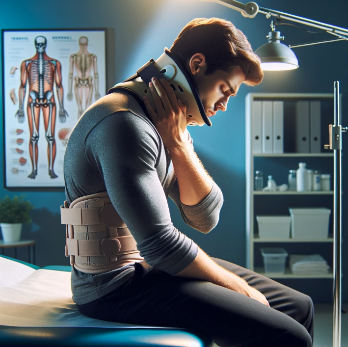 image depicting a patient with whiplash in a neck brace
