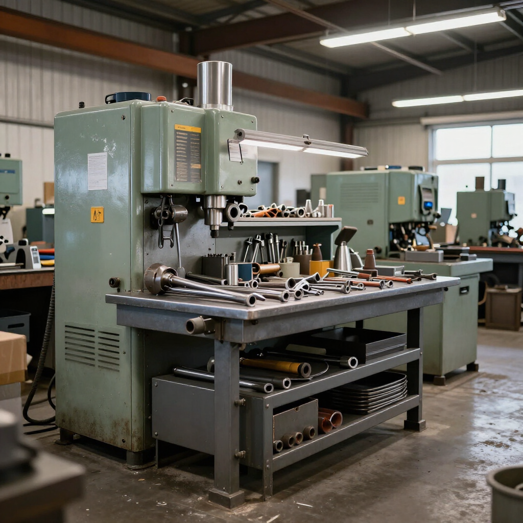 Industrial workshop with large green CNC machines and metal parts on workbenches