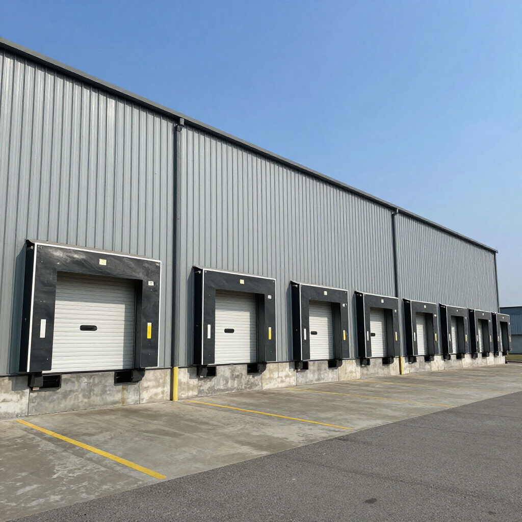 Row of white loading dock doors on a gray warehouse building under a clear blue sky