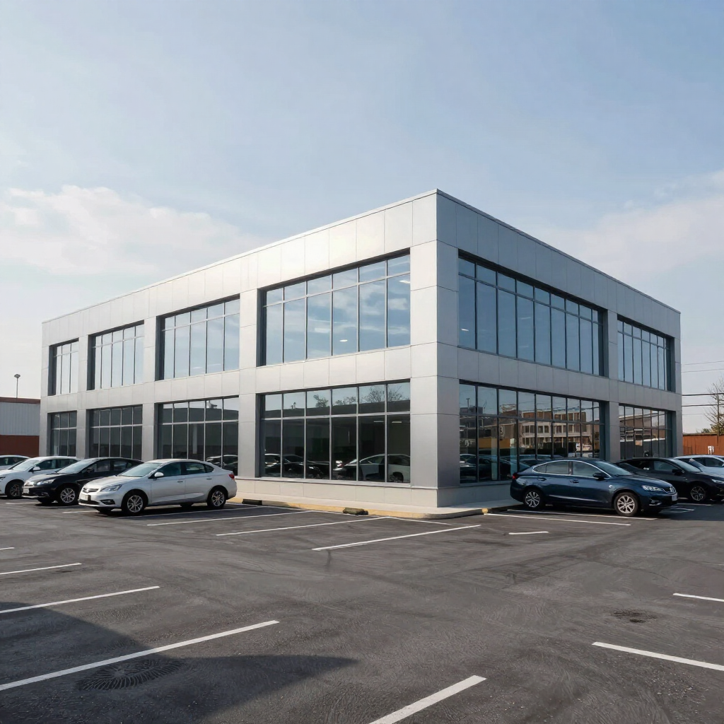 Modern glass-fronted commercial building with parked cars in a lot under a clear sky