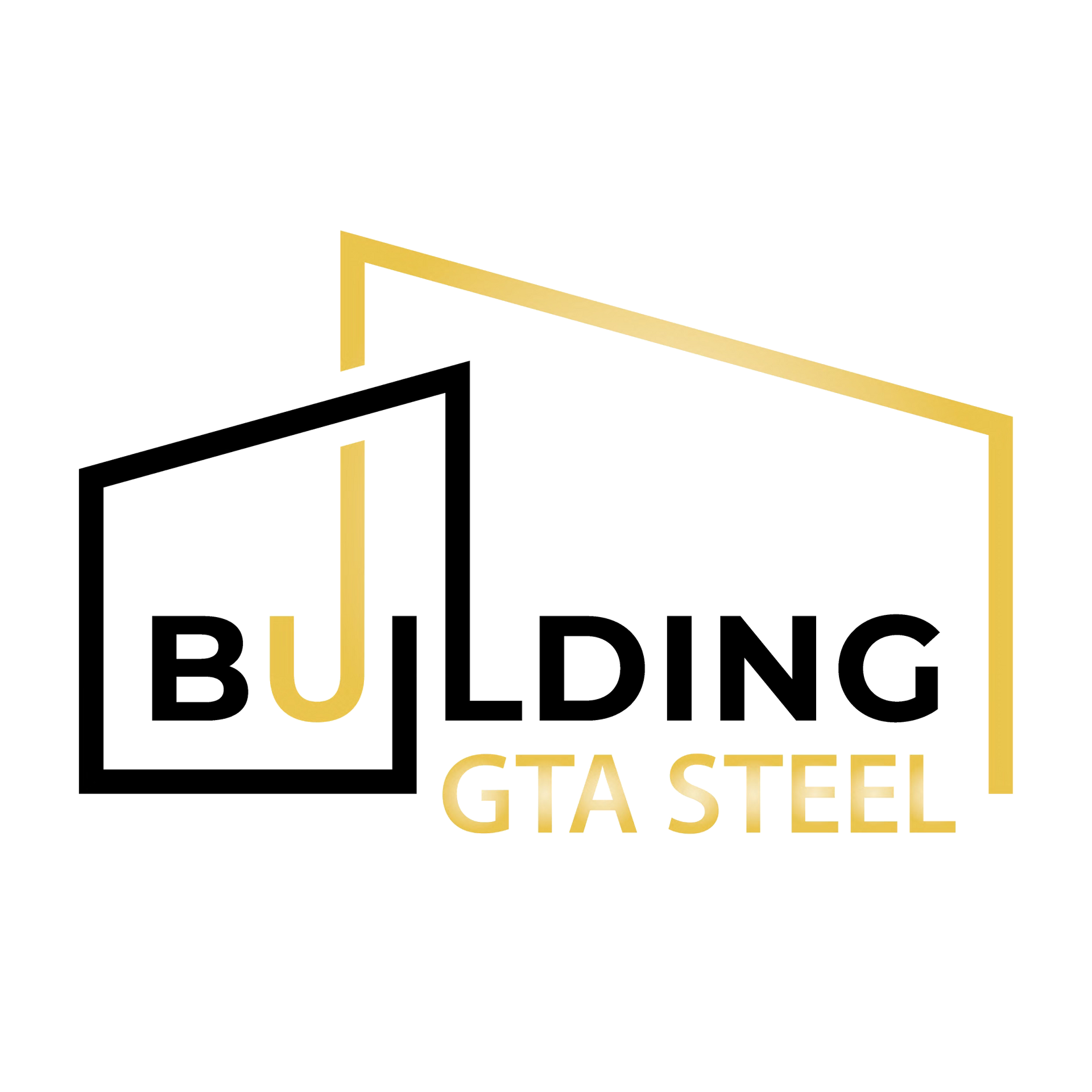 The logo for building gta steel is white and gold on a black background.