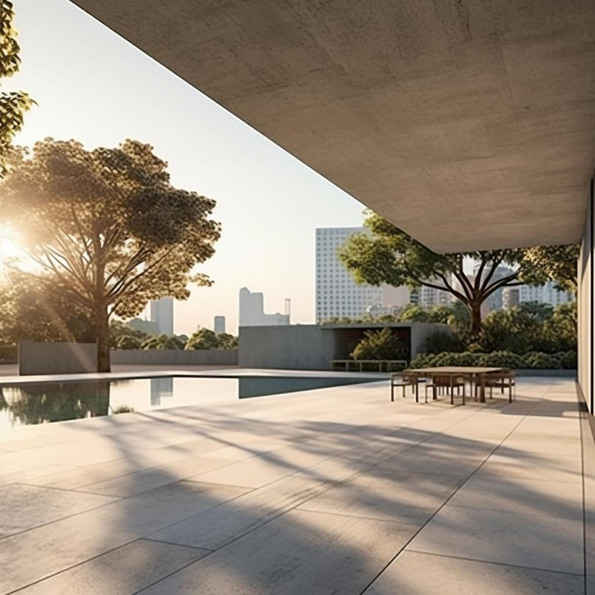 Sunlit modern terrace with reflecting pool, trees, and city skyline under a large concrete overhang