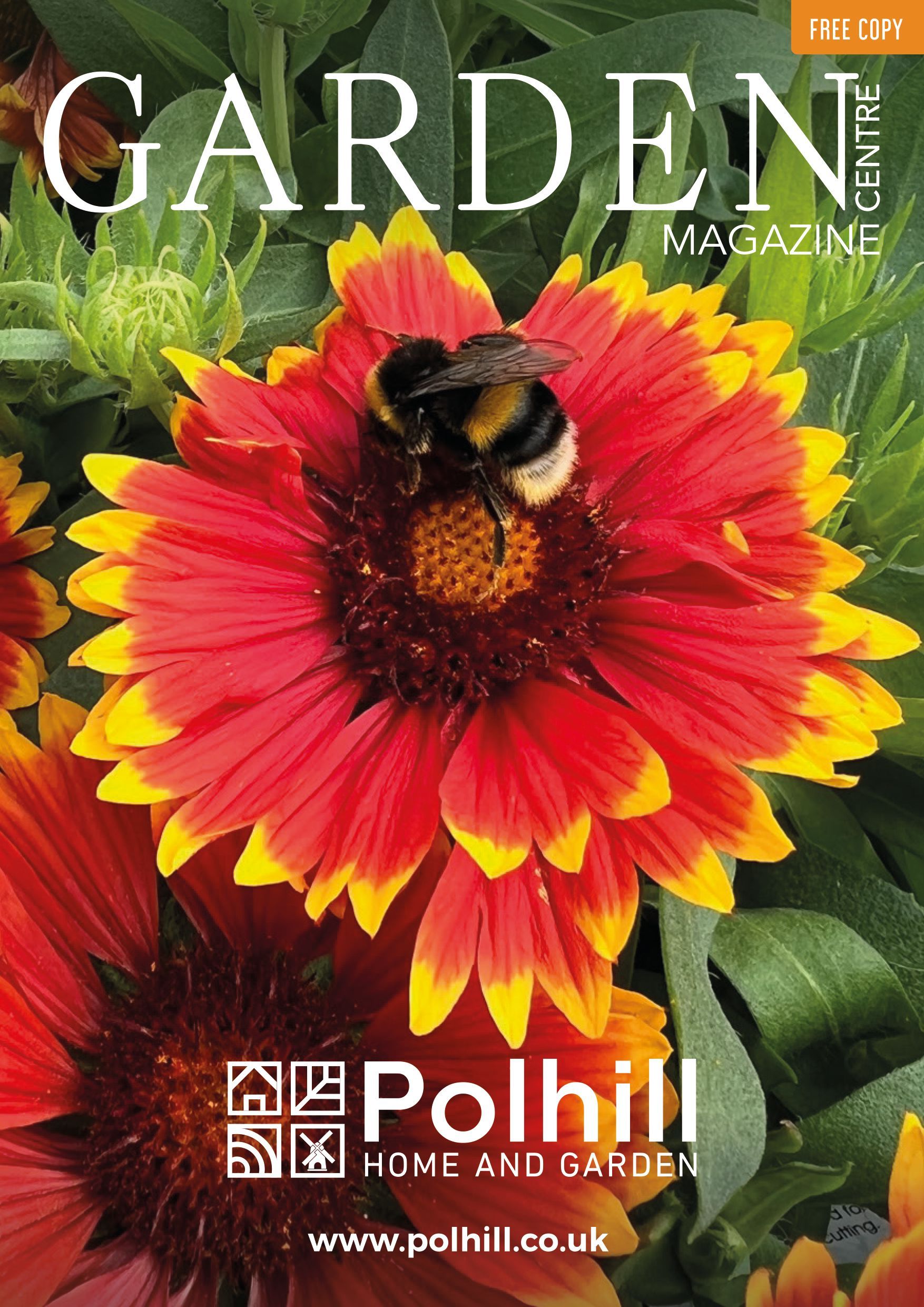 A bumblebee on a vibrant red and yellow blanket flower on the cover of the Polhill Home and Garden magazine.