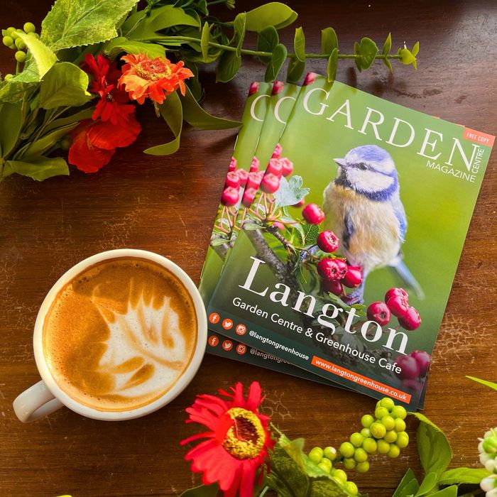 A magazine for Langton Garden Centre featuring a blue bird on the cover, next to a coffee cup and colorful flowers.