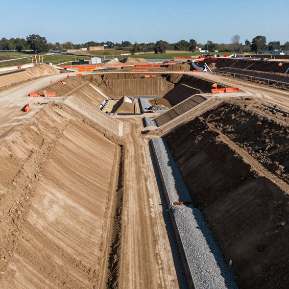 Construction site with large excavated areas, trenches, and retaining walls under a blue sky.