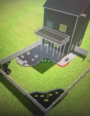 3D model of a black house with porch and landscaped yard, shown in a fenced lot with lawn and patio areas