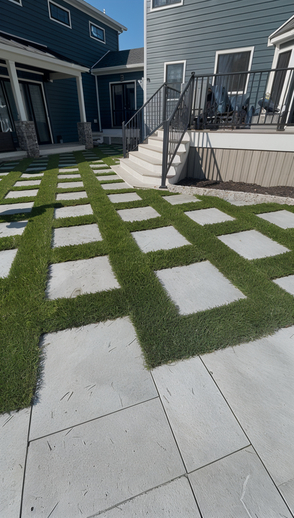Modern backyard patio with square stepping stones, green grass, and blue house exteriors