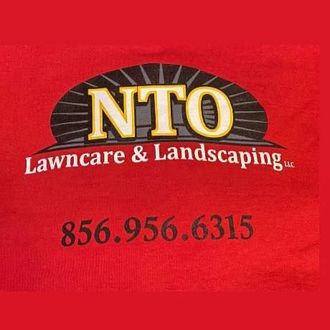 NTO Lawncate & Landscaping logo with red background and phone number 856-956-6315