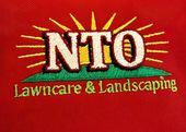 Embroidered logo for NTO Lawncrare & Landscaping on a red background. Features the letters NTO above green grass and the sun in yellow rays