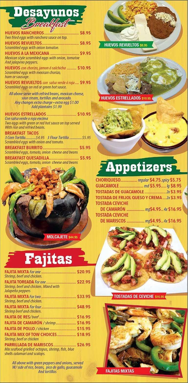 Menu with sections for breakfast, appetizers, and fajitas, with food photos and pricing.