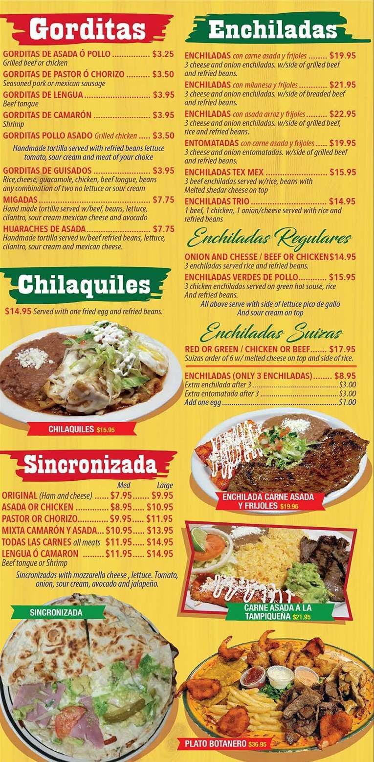 Menu with various Mexican food options, including gorditas, enchiladas, chilaquiles, and sincronizada.