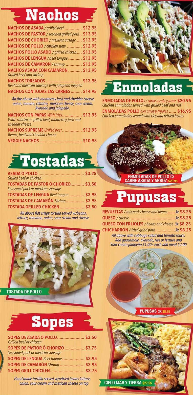 Menu with photos of nachos, enchiladas, tostadas, pupusas, and other dishes.