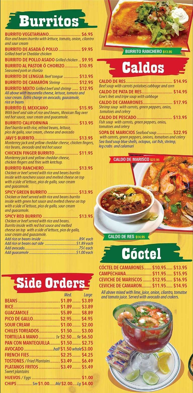 A colorful restaurant menu with sections for burritos, caldos, and coctel, with images of the dishes.