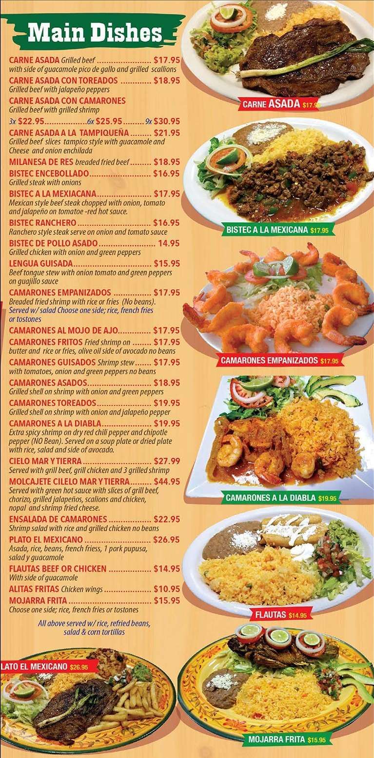 Mexican menu with various main dishes. Includes photos of the meals and their prices.